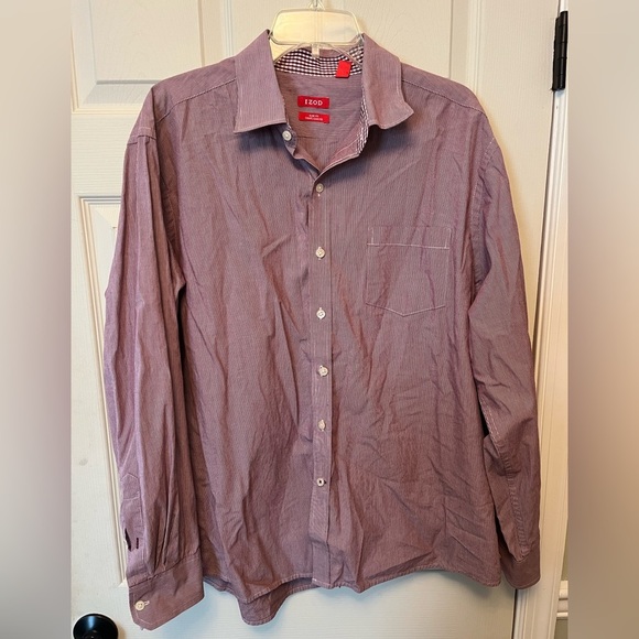 Men's Izod‎ L/S Slim Fit Shirt Size XL Red/White Pinstripe Plaid Button Down EUC - Picture 1 of 4